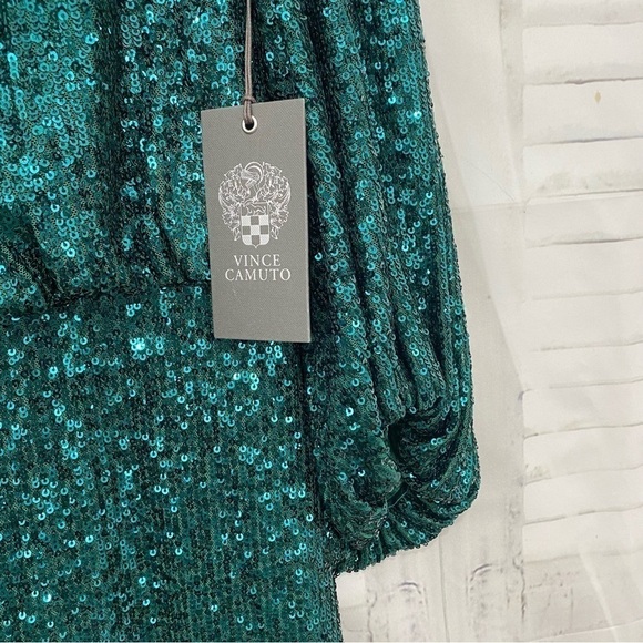 NWT Vince Camuto Size 6 Green 3/4 Balloon Sleeve Crew Neck Sequin Dress Sheath - Picture 12 of 14